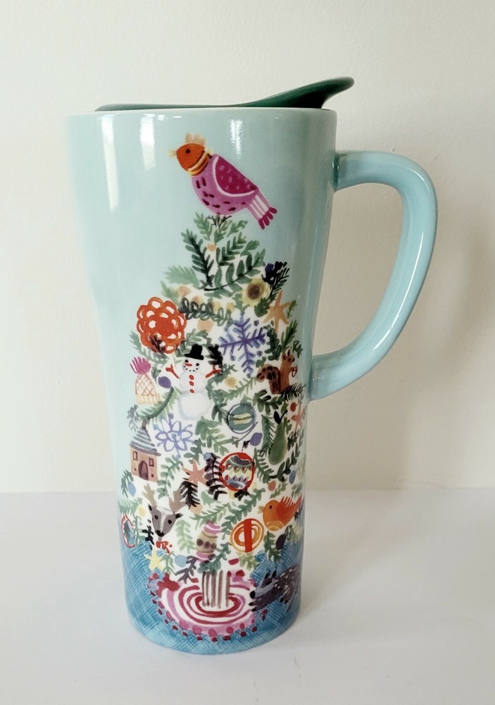 Christmas Travel Mug Ceramic Tree Teal Gasket Lid New 7.5″ Coffee Keeper