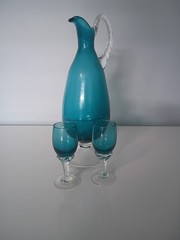 Vintage Teal Empoli Carafe and 2 Cordial Glasses