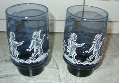 Libbey Mary Gregory 2 Tumblers Coolers 11 oz. Glasses Blue Glass White Scene VGC