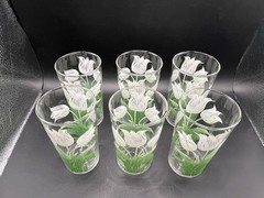 Vintage Mid Century TULIP White & Green Drinking Glasses 8 Oz MCM Set of 6 VG+++