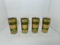 Vintage MCM Culver Starlyte 22k Gold Stripes Green Highball Glasses Lot of 4