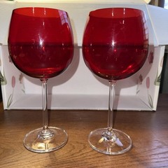 2 Lenox Holiday Gems 9” Ruby Red Balloon Wine Glasses Clear Base Valentine Xmas