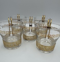 Set Of 6 VTG Libbey glass cups gold Greek key design and metal handles Hollywood