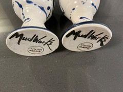 MUD WORKS IRISH MADE Set of 2 Off White & Blue Pottery Goblets- 4 & 3/4” High