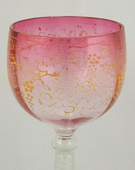 Antique Bohemian Wine Glass, Cranberry w/ Grape Detail & Prunt Stem – 7.5 inches