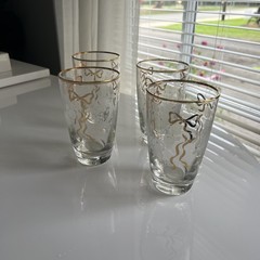 Set Of Four Libby Gold Bow Etched Roses Clear Glass Drinking Glasses