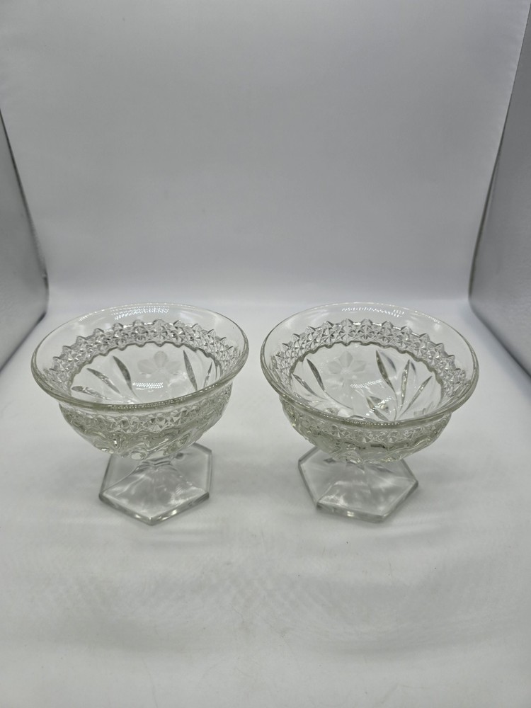 SET OF 2 EAPG JENKINS GLASS COMPANY DAHLIA CLEAR CHAMPAGNE/SHERBET 3.5″ 5oz