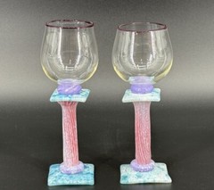 (2) Vtg 1980s Pink Blue Speckled Column Wine Glasses Melanie Guernsey-Leppla
