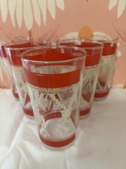MCM Glass Highball Tumblers with Metal Carrier Caddy Red Stripes Barware