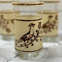 Libbey Tumbler Glasses (7) 16 oz Partridge Quail Bird Brown & Cream Crackle VTG