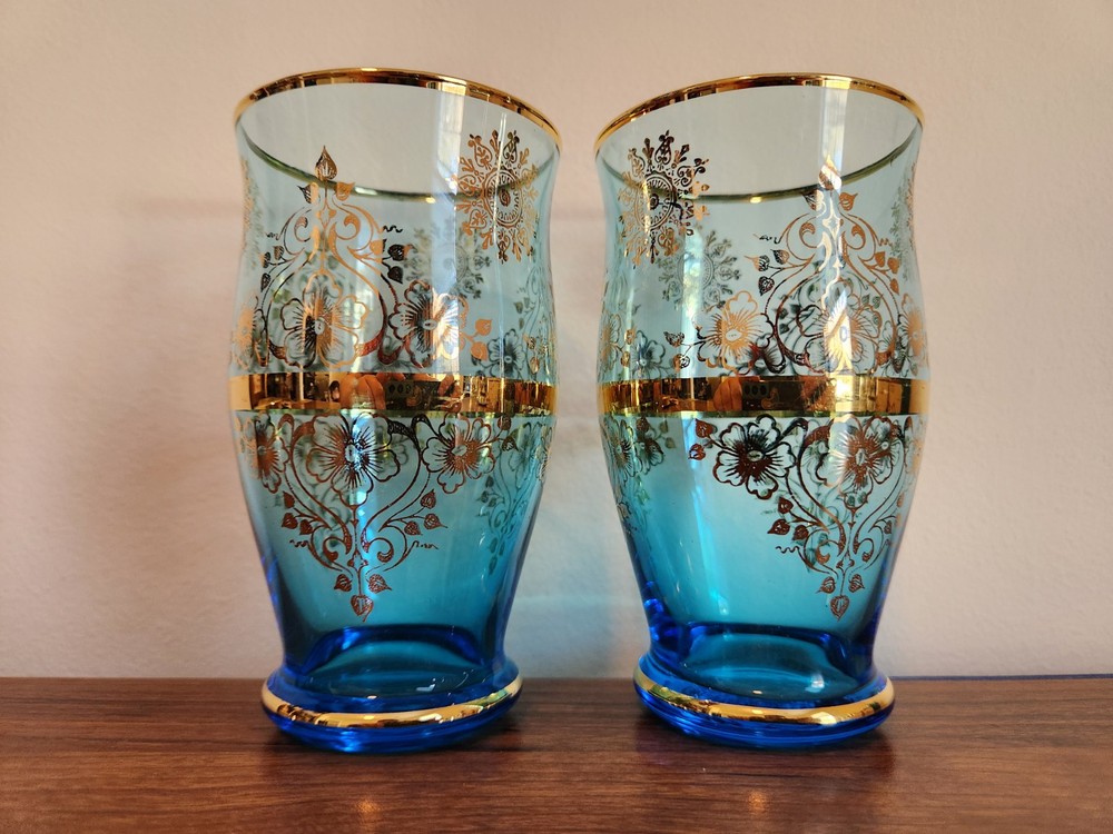 Vecchia Murano Style Hand-blown Glasses Blue 24 Karat Gold Trim – Set Of 2