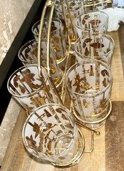 Lotus “Bon Appetite” Set Of 8 Glasses W/Carrier Fish Lobster MCM Vintage NOS