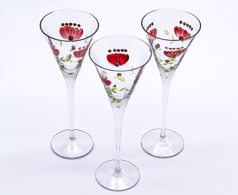 3x Art Nouveau Laura Ashley Champagne Glasses Stemware Floral Design, Enameled