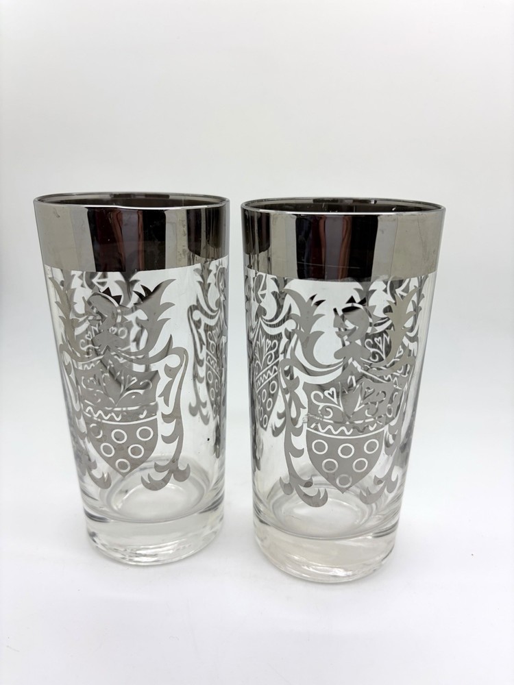 Two MCM Kimiko Knight Crest Silver Rim 5.5” Tall 3” Wide Highball Glasses