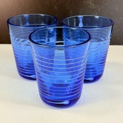 Set 3 Conga Flat Tumbler Villeroy Boch 8 Oz BLUE Embossed White Rings 4 1/8″ HTF