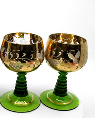 Vintage German Roemer Rhine Wine Goblets Set of 2 Green Stem Gold Grape Etched