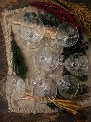 Set of 7 Vintage Etched Floral Crystal Wine Glasses 7.5” Stemware