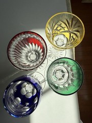 FABERGE CRYSTAL NA ZDOROVYE SET OF 4 LIQUEUR/CORDIAL COLORED GLASSES, RARE, NEW