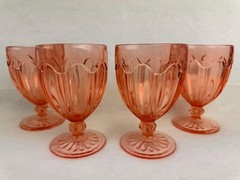 4 Anchor Hocking Pink Glass Colonial Knife & Fork Footed Tumbler Goblet 5 1/4″