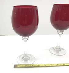 2 Vtg Ruby Red Ribbed Balloon Faceted Wine Goblets Glasses 9 1/4” Clear Stem
