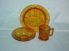 Vintage Tiara Amber Glass Children’s Nursery Rhyme Dish Set Plate, Bowl, Mug