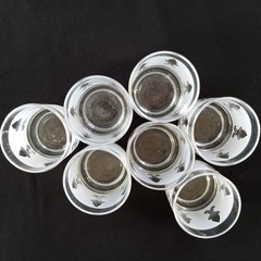 7 Libbey Fleur De Lis Low Ball Juice Glasses 3″ Frosted White Silver Vintage