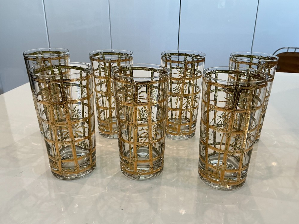 Vintage Set of 7 Retro «Bamboo» High-Ball Cocktail Glasses by Culver LTD