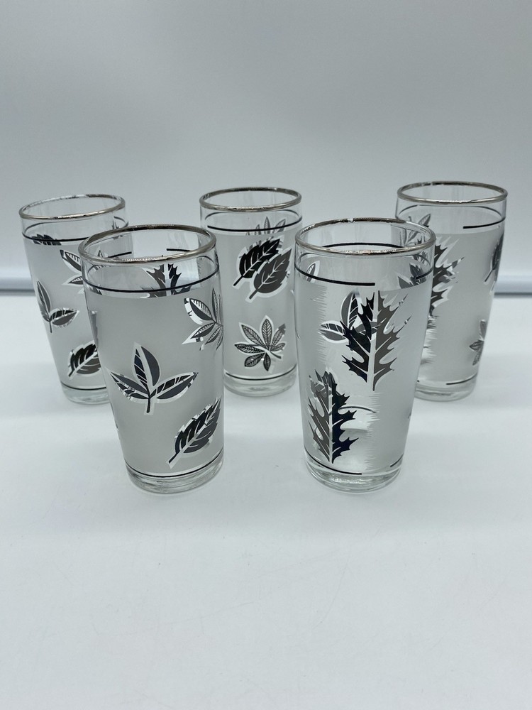 Libbey Silver Leaf Clear & Satin 6 ounce Juice Glasses Set of 5 Vintage