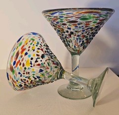 2 Hand Blown Colorful Jewel Toned Colors Pebbled Confetti Martini Glass 3D