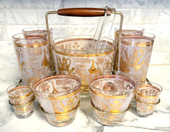 Hazel Atlas Colony Gold Americana Ice Bucket Barware Set 22K Gold Detail Carrier