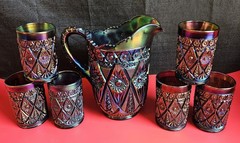 Antique Imperial ‘Diamond Lace’ Amethyst Heavy Carnival glass Pitcher/6 Tumblers