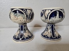 Vintage German Pottery Set Of 2 Wine Goblets Numbered With 4 Castle Scene READ