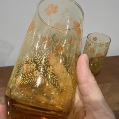 Vintage Amber and Floral Juice Glass Water Glasses Set of 3