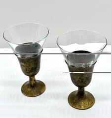 Vtg RARE Pair Handcrafted Brass Wine Goblets w/Removable Glass Beakers Patina