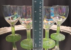 4 Vintage Iridescent Optic Rib Green Stem Sherry Aperitif Cordial Glasses Set
