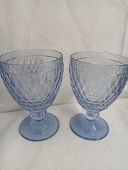 4 Vintage Villeroy & Boch Boston Blue Glass Footed Embossed Water Goblets NEW