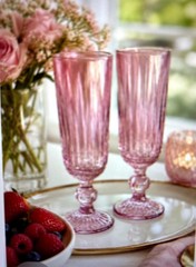 Vintage Pink Champagne Flutes Set of 2 Ribbed Glass Toasting Glasses Romantic
