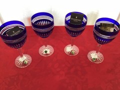 4 Waterford Sapphire Blue Cut to Clear Water Goblets