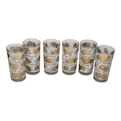 Vintage MCM Gold White Foliage Pine Cone Pattern Glasses Tumblers Set of 6 5.5″