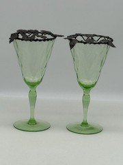 Set Of 2 Uranium Glass Stemware Wine Glasses With A Pewter Overlay On The Rim