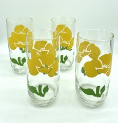 Set Of 4 Vtg 7” Tall Anchor Hocking Yellow Poppy Flower Floral Drinking Glasses