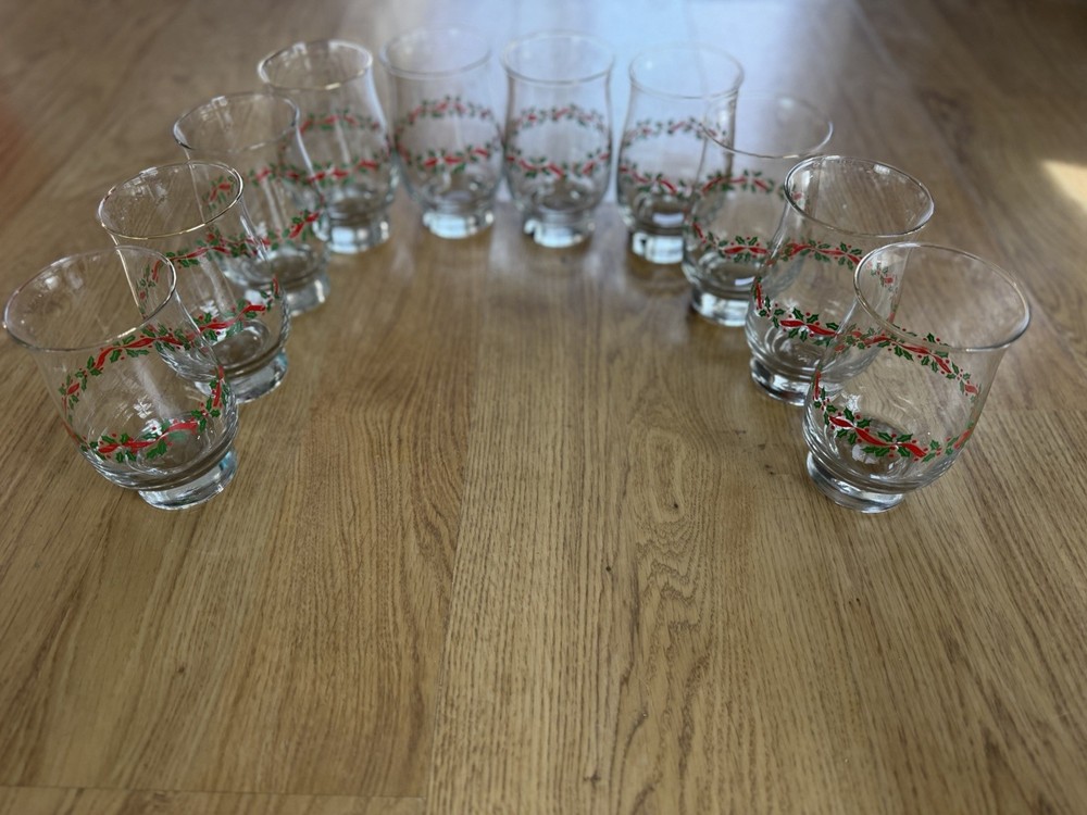 Set 10-Libbey Holly & Berry Tumblers Clear Glass with Gold Rim Christmas Holiday
