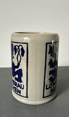 Vintage Lowenbrau Munich German Beer Stein Mug Ceramic Blue Lion 5.5″ Barware