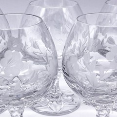 6x Vintage Crystal Glass Cognac Glass with Flower Decor, Cut 60s/70s