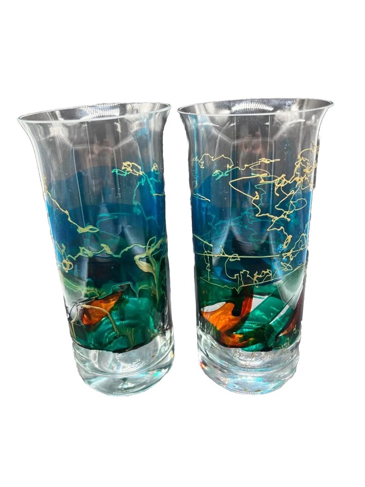 2 STIF Romania Hand Painted Hand Blown Flared Rim Glasses