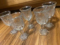 Antique EAPG Indiana Glass Daisy & Button Narcissus Goblets Hex Foot Set 5 c1910