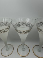 Vintage MCM Frosted White Champagne Cocktail Glasses Gold Silver Scroll Set of 4