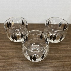 Vintage Federal Glass MCM Gold Black Harlequin Roly Poly Atomic Set of 3 Barware
