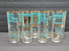Vintage Libbey Southern Comfort Steamboat Highball Glass Gold Turquoise MCM 60s