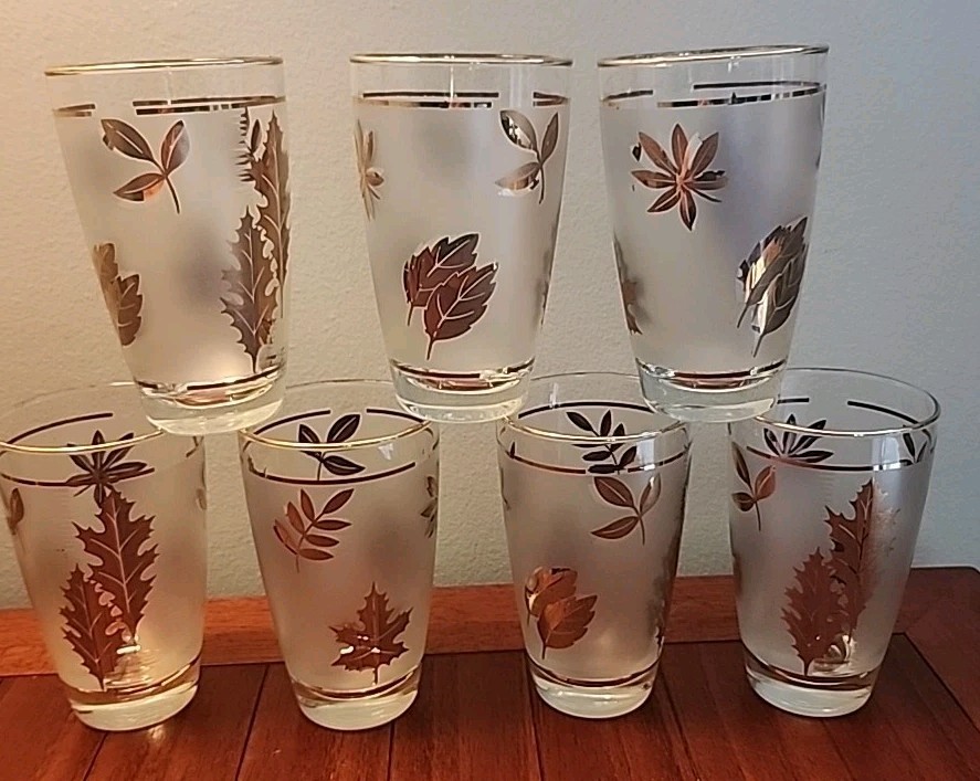 LIBBEY Golden Foliage Gold Leaf Frosted 12 oz Tumblers MCM 7-Glasses Retro EUC